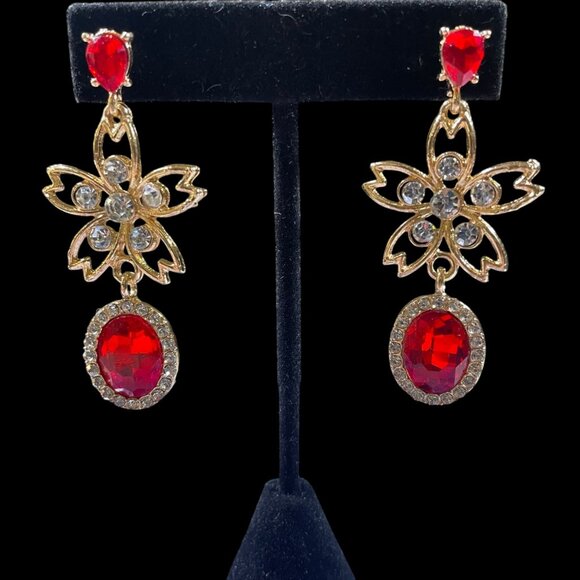 Elegant Gold-Tone Drop Earrings Red Crystals Floral Dangle Wedding Party Glam - Picture 3 of 5